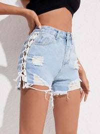 Thumbnail for Women's Distressed Side Lace-up Denim Shorts