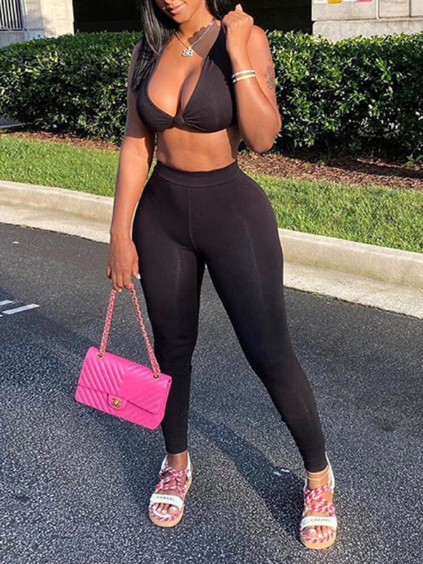 Solid Color Knotted Front Crop Top And Leggings Set