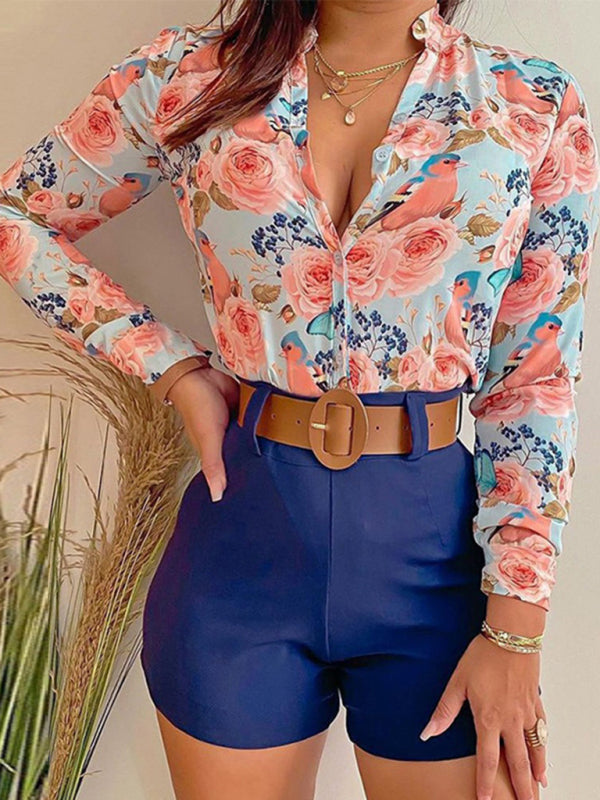Floral Printed V-neck Long Sleeve Top+Belted Shorts Set