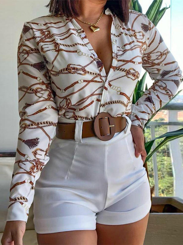 Floral Printed V-neck Long Sleeve Top+Belted Shorts Set