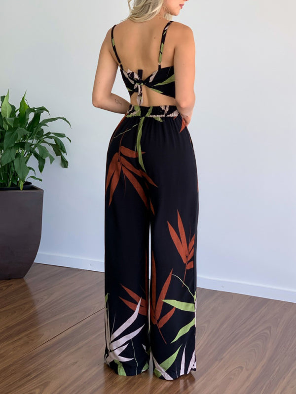 Women's Leaf Print Crop Top & Wide Leg Pants Set