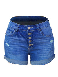Thumbnail for Button-Fly Cuffed Distressed Denim Shorts