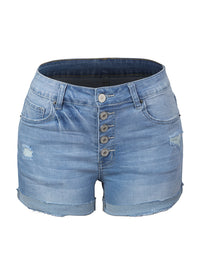 Thumbnail for Button-Fly Cuffed Distressed Denim Shorts