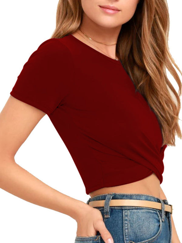 Women's Solid Color Twist Crop T-Shirt