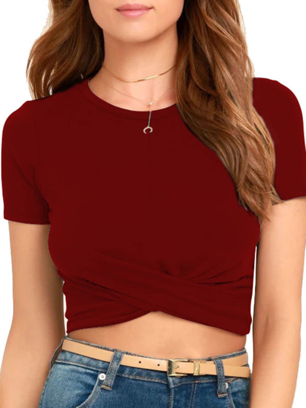 Women's Solid Color Twist Crop T-Shirt
