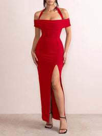 Thumbnail for Women's Solid Color Off-Shoulder Halter Neck Slit Dress