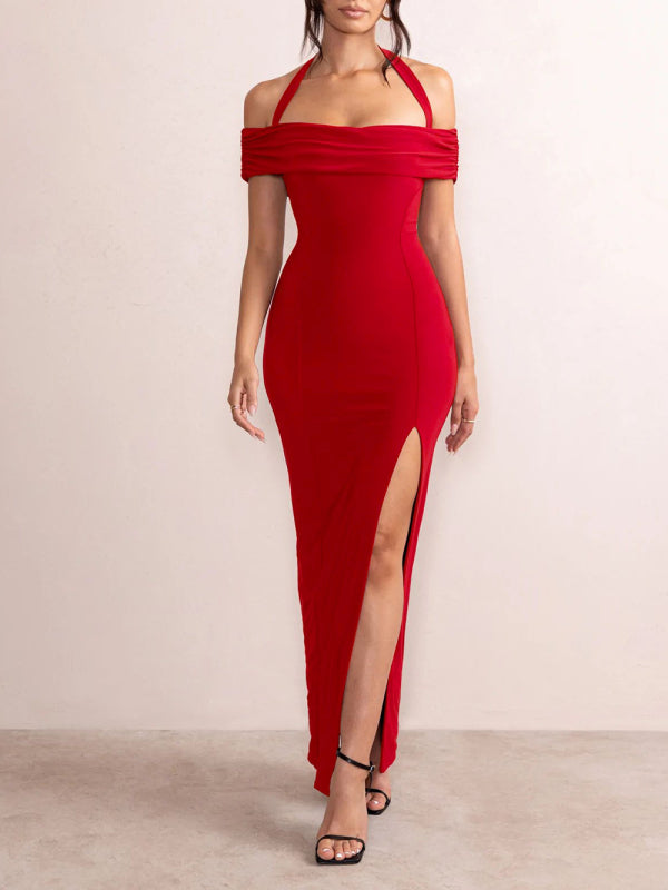 Women's Solid Color Off-Shoulder Halter Neck Slit Dress
