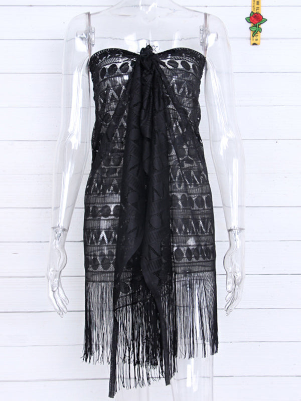 Women's hollow beach lace fringed cover-up skirt