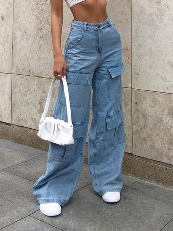 Multi-pocket High Waist Cargo Denim Jeans