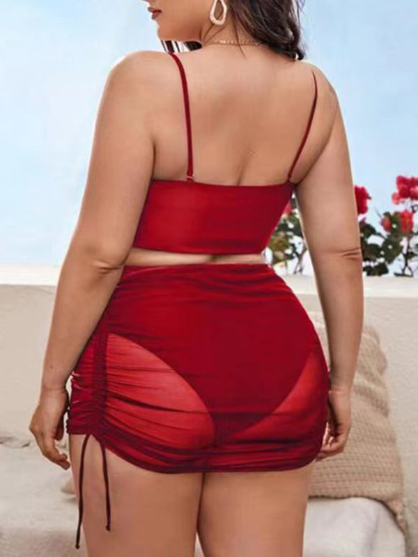 Plus Size Women's Sling Backless Mesh Drawstring Bikini Set