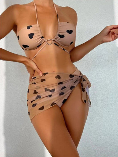 Women's Heart Print Halter Bikini Three-Piece Set