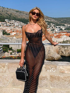 Polka Dot Mesh See-Through Maxi Dress