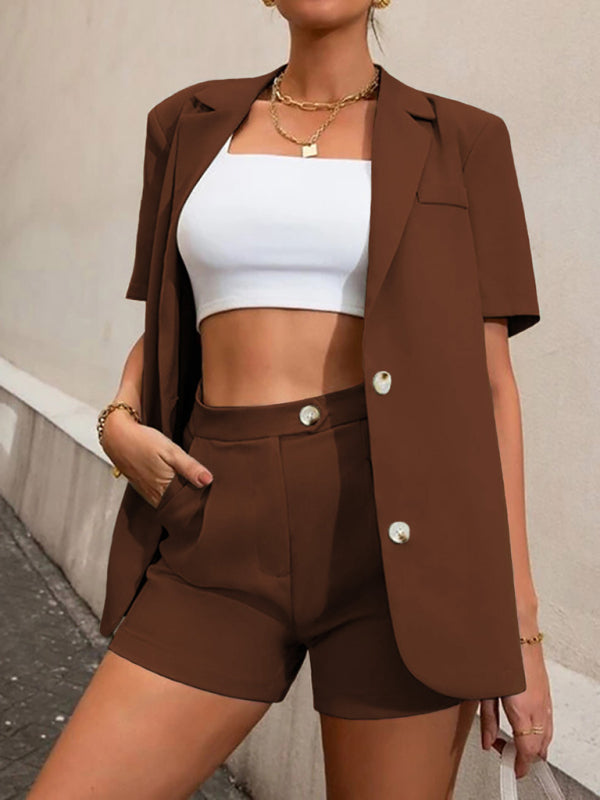Women's Solid Blazer And High Waist Shorts Two-piece Set