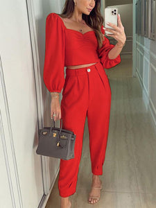 Women's Solid Color Ruched Neckline Chiffon Blouse With Matching Pants Two Piece Set
