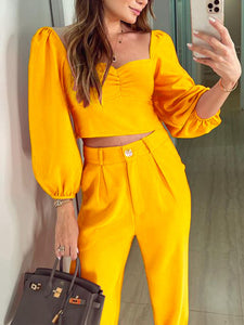 Women's Solid Color Ruched Neckline Chiffon Blouse With Matching Pants Two Piece Set