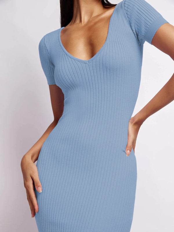Women's Solid Color Short Sleeve Scoop Neck Rib Knit Side Slit Dress