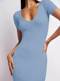 Thumbnail for Women's Solid Color Short Sleeve Scoop Neck Rib Knit Side Slit Dress