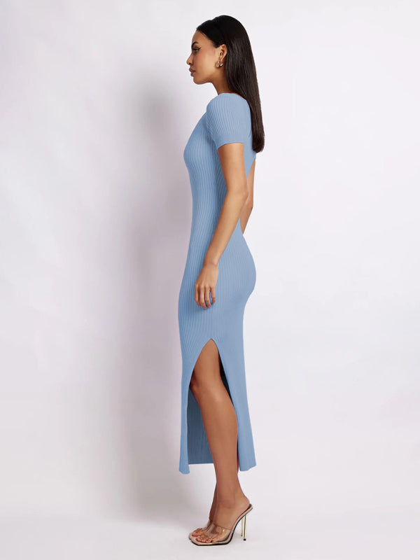 Women's Solid Color Short Sleeve Scoop Neck Rib Knit Side Slit Dress