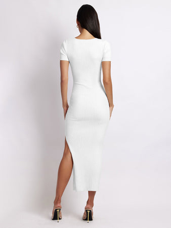 Women's Solid Color Short Sleeve Scoop Neck Rib Knit Side Slit Dress