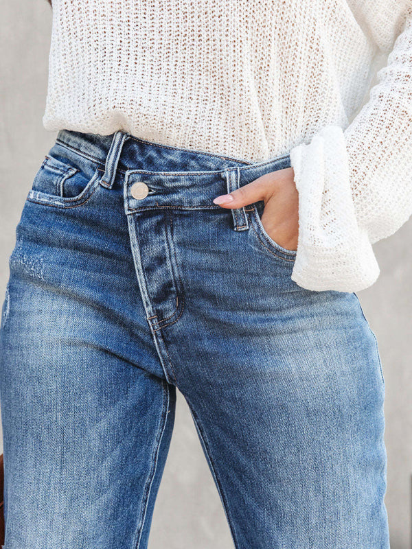 Women's High Waist Irregular Button Jeans