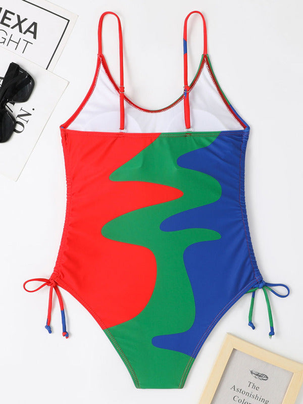 Colorblock Drawstring One-Piece Swimsuit