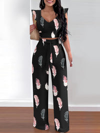Thumbnail for Women's casual feather print two-piece pants set