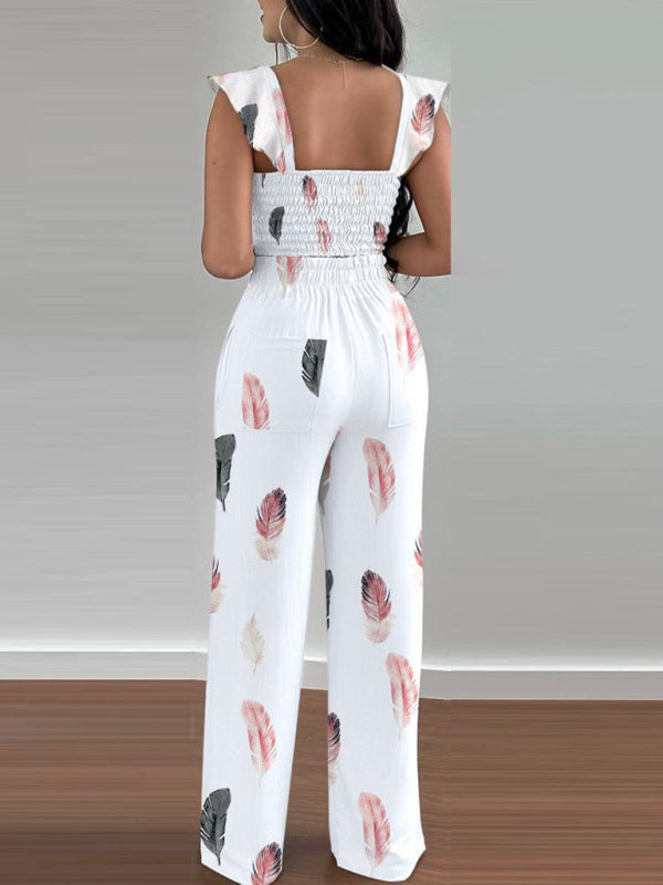 Women's casual feather print two-piece pants set