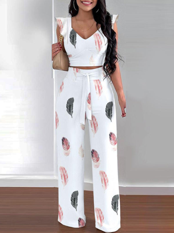 Women's casual feather print two-piece pants set