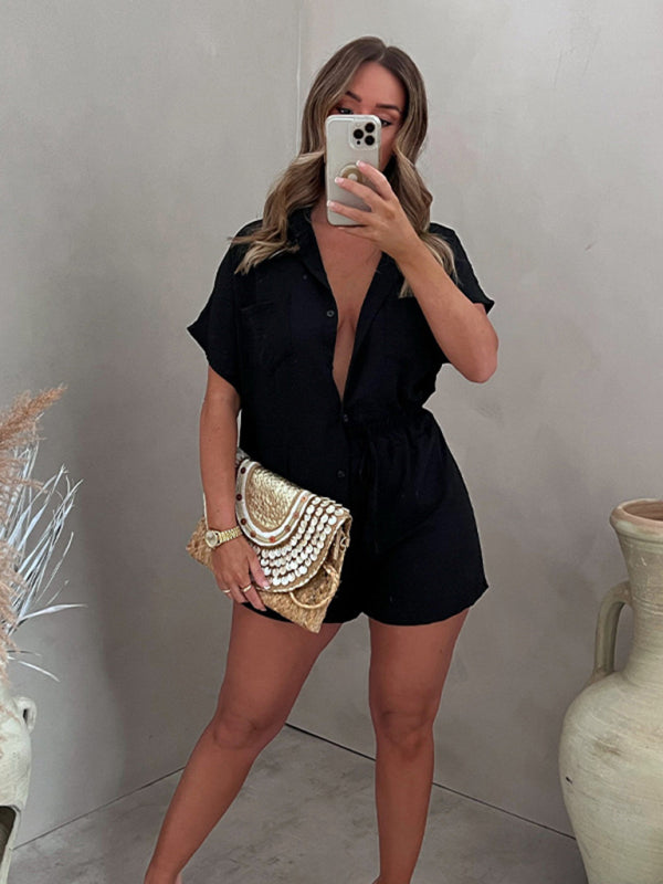 Fashion Casual Solid Color Single Breasted Sleeve Shirt Elastic Waist Shorts Two-Piece Set