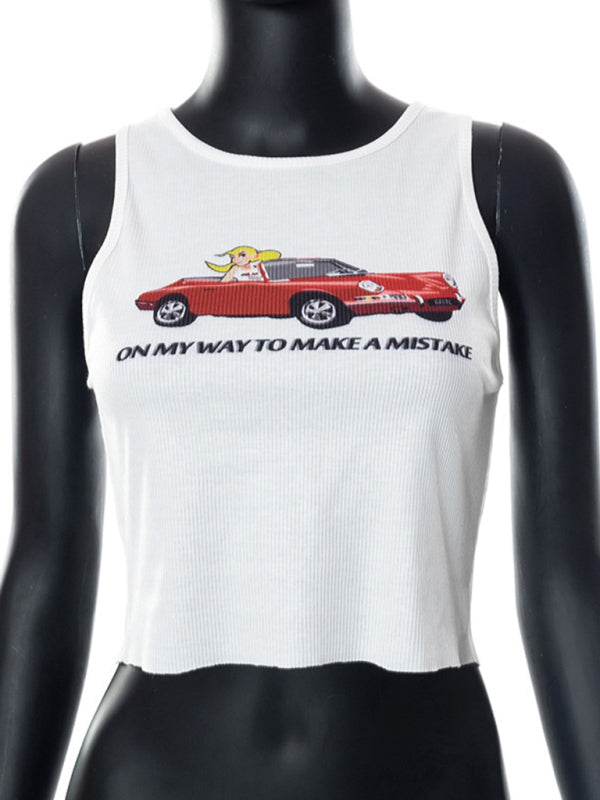 Round Neck Pullover Sleeveless Car Print Crop T-Shirt