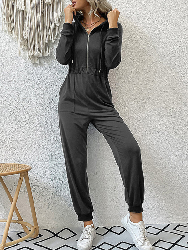 Solid Color Casual Zip Up Jumpsuit