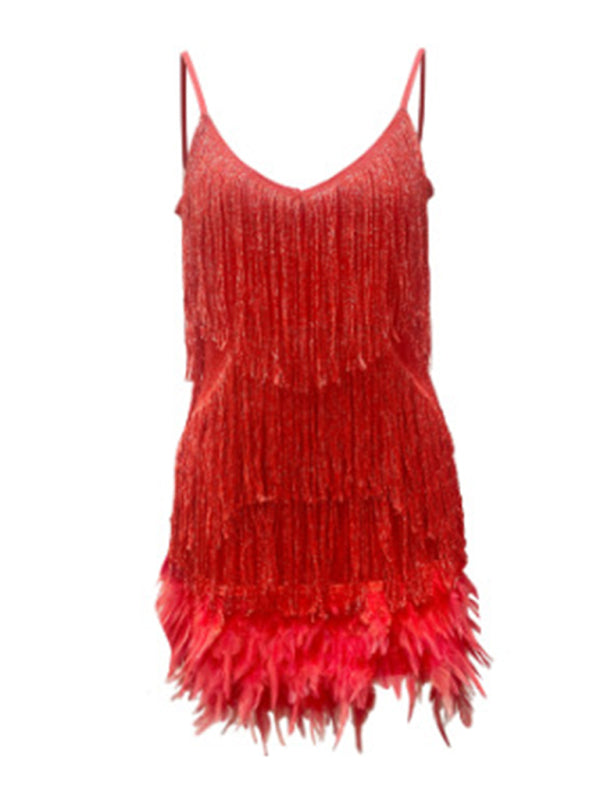 Sequin Fringe + Feather Mini Cocktail Dress
