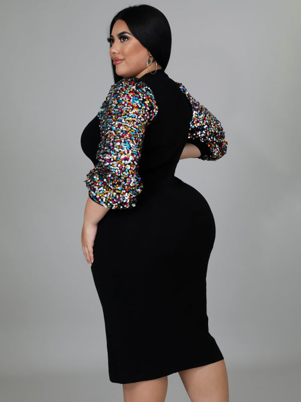 Plus Size Solid Color Sequin Puff Sleeve Midi Dress
