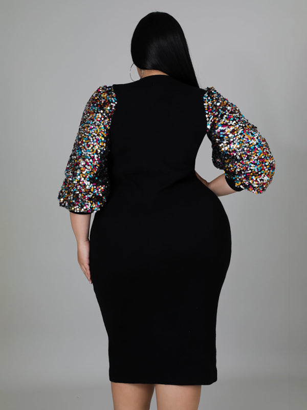 Plus Size Solid Color Sequin Puff Sleeve Midi Dress