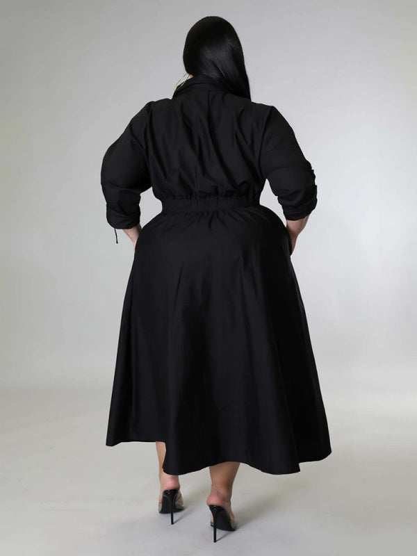 Plus Size Solid Color Cinched Waist Long-Sleeved Shirt Dress