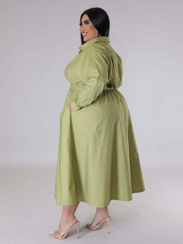 Plus Size Solid Color Cinched Waist Long-Sleeved Shirt Dress
