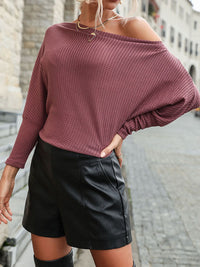 Thumbnail for Solid Color Long Sleeve Off Shoulder Knit Sweater