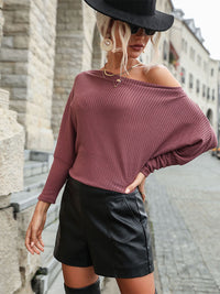 Thumbnail for Solid Color Long Sleeve Off Shoulder Knit Sweater