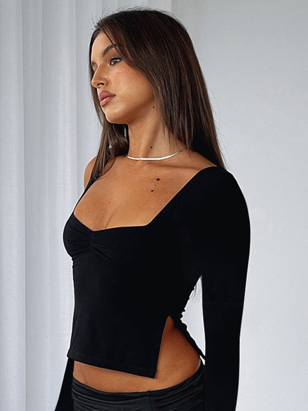 Solid Color Square Neck Long Sleeve Gathered Side Slit Top T-Shirt