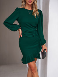 Thumbnail for Bishop Sleeve Ruffle Trim Solid Dress
