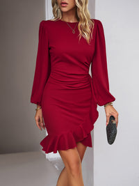 Thumbnail for Bishop Sleeve Ruffle Trim Solid Dress