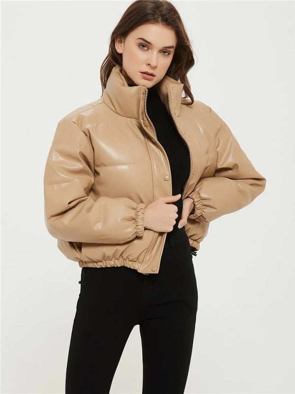 Stand Collar PU Leather Puffer Coat