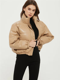 Thumbnail for Stand Collar PU Leather Puffer Coat