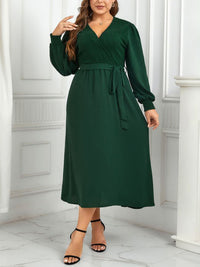 Thumbnail for Plus Sive V-Neck Bishop Sleeve Midi Dress