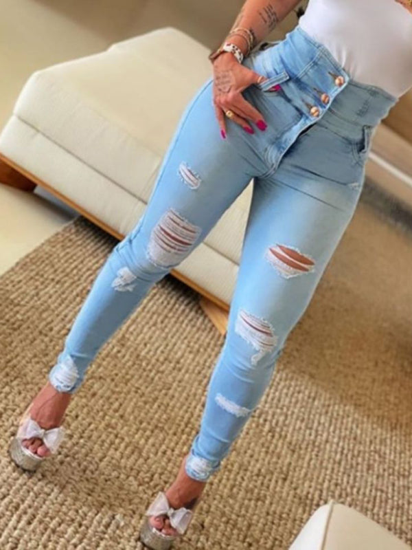 Distressed High Waist Button Skinny Jeans