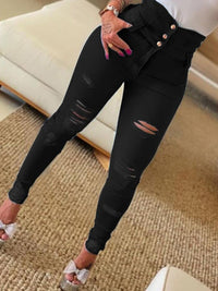 Thumbnail for Distressed High Waist Button Skinny Jeans