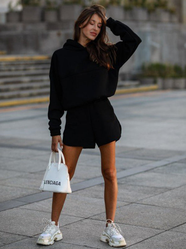Long Sleeve Pullover Hooded Shorts Set