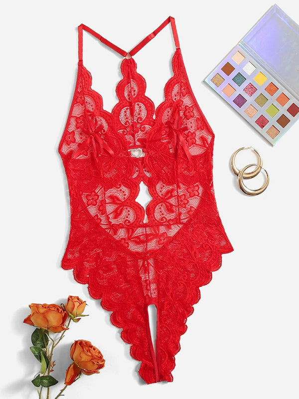 See-Through Lace Cutout Crotchless Lingerie Bodysuit