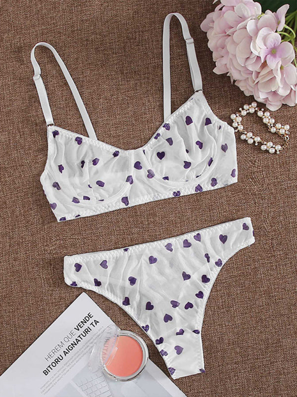Full Size Mesh Heart Print Bra and Panty Set