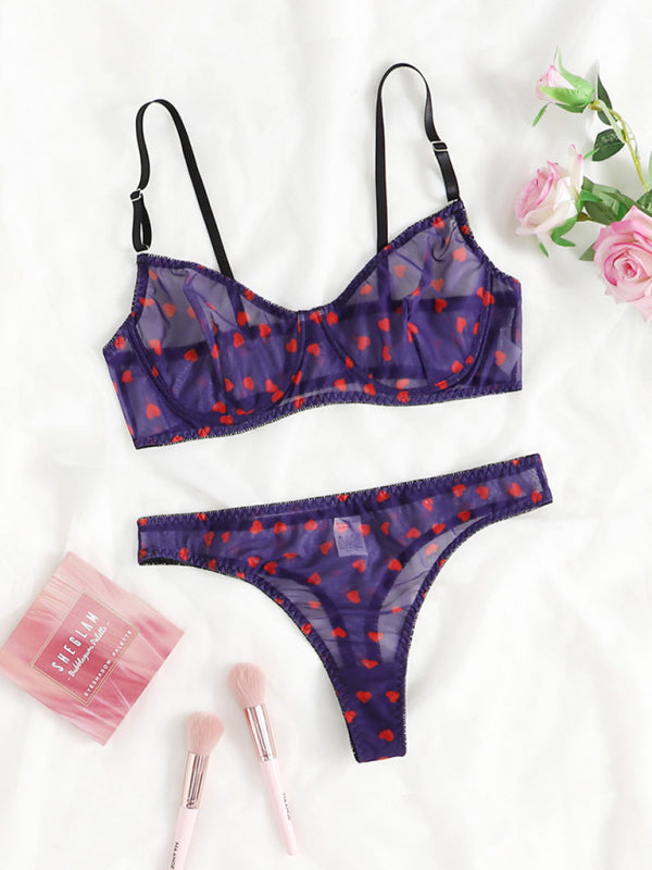Full Size Mesh Heart Print Bra and Panty Set